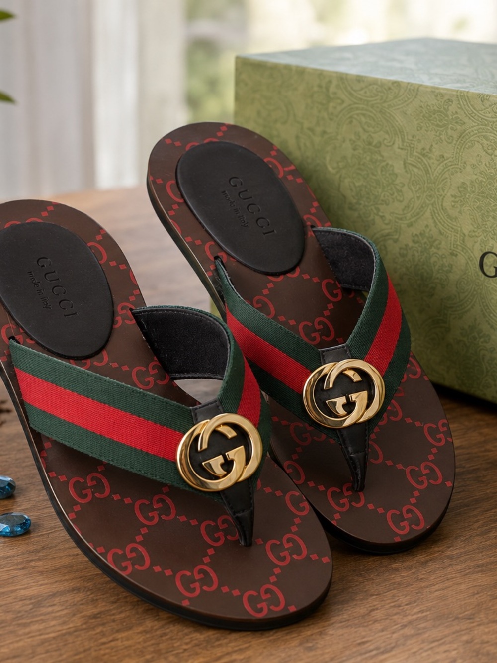 Gucci Kika Thong Sandal GG Print with Green & Red Web